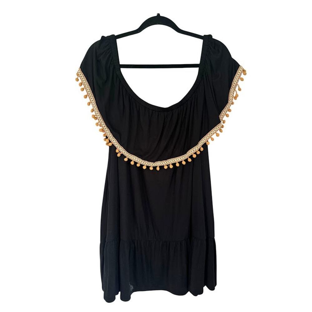 Lane Bryant Black Off The Shoulder Blouse‎ Pom Pom Boho Beachy Resort Size 26/28